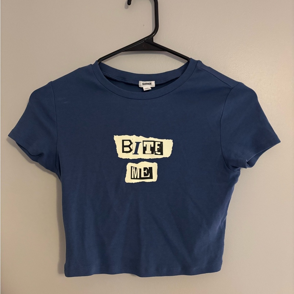 Blue “Bite Me” Crop Top